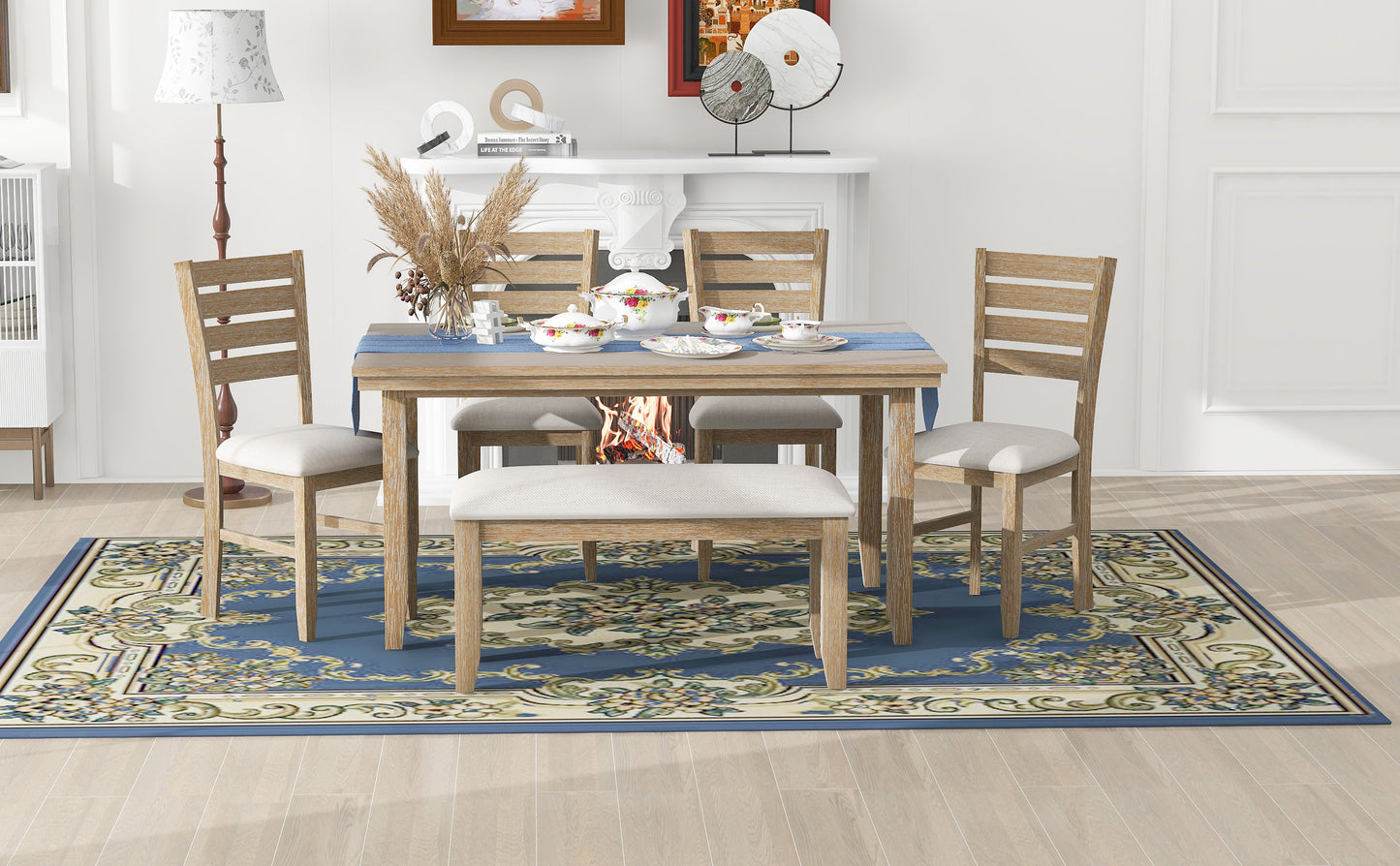 TREXM Dining Room Table and Chairs with Bench, Rustic Wood Dining Set, Set of 6 (Natural Wood Wash)