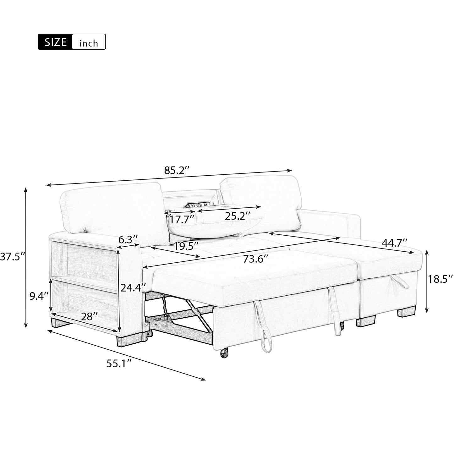 Stylish and Functional Light Chaise Lounge Sectional with Storage Rack Pull-out Bed Drop Down Table  and USB Charger Gray