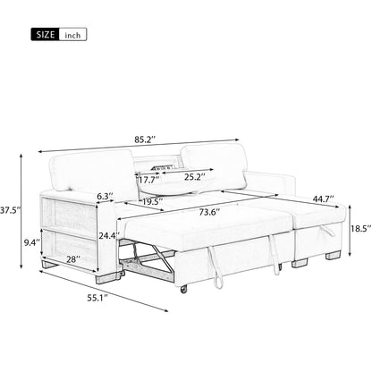 Stylish and Functional Light Chaise Lounge Sectional with Storage Rack Pull-out Bed Drop Down Table  and USB Charger Gray