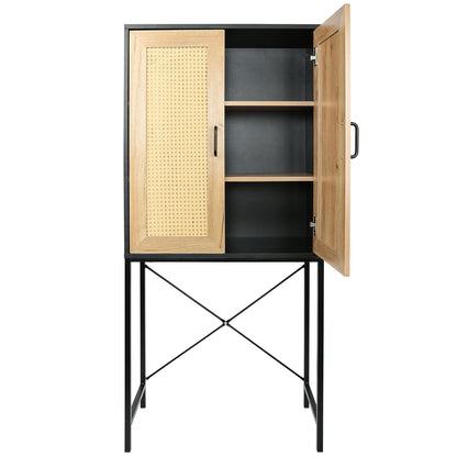 59'' High Elegant Cabinet with 2 Rattan Doors Bedroom Living Room Kitchen Cupboard Wooden Furniture with 3-Tier Shelving X-Shaped Supporting Bars Easy Assembly Nature Color