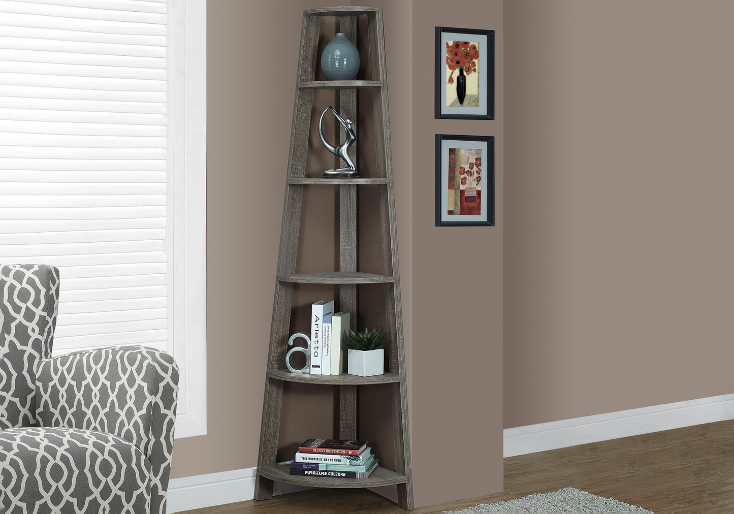 Bookshelf, Bookcase, Etagere, Corner, 5 Tier, 72"h, Office, Bedroom, Brown Laminate, Contemporary, Modern