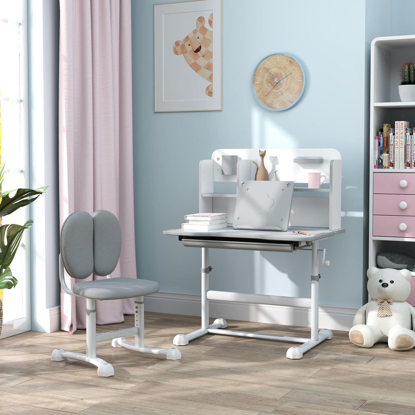 Qaba Kids Desk and Chair Set, Height Adjustable Kids School Study Desk and Chair Set with Tilt Desktop, Storage Drawer and Reading Rack for Writing, Reading and Drawing, Gray