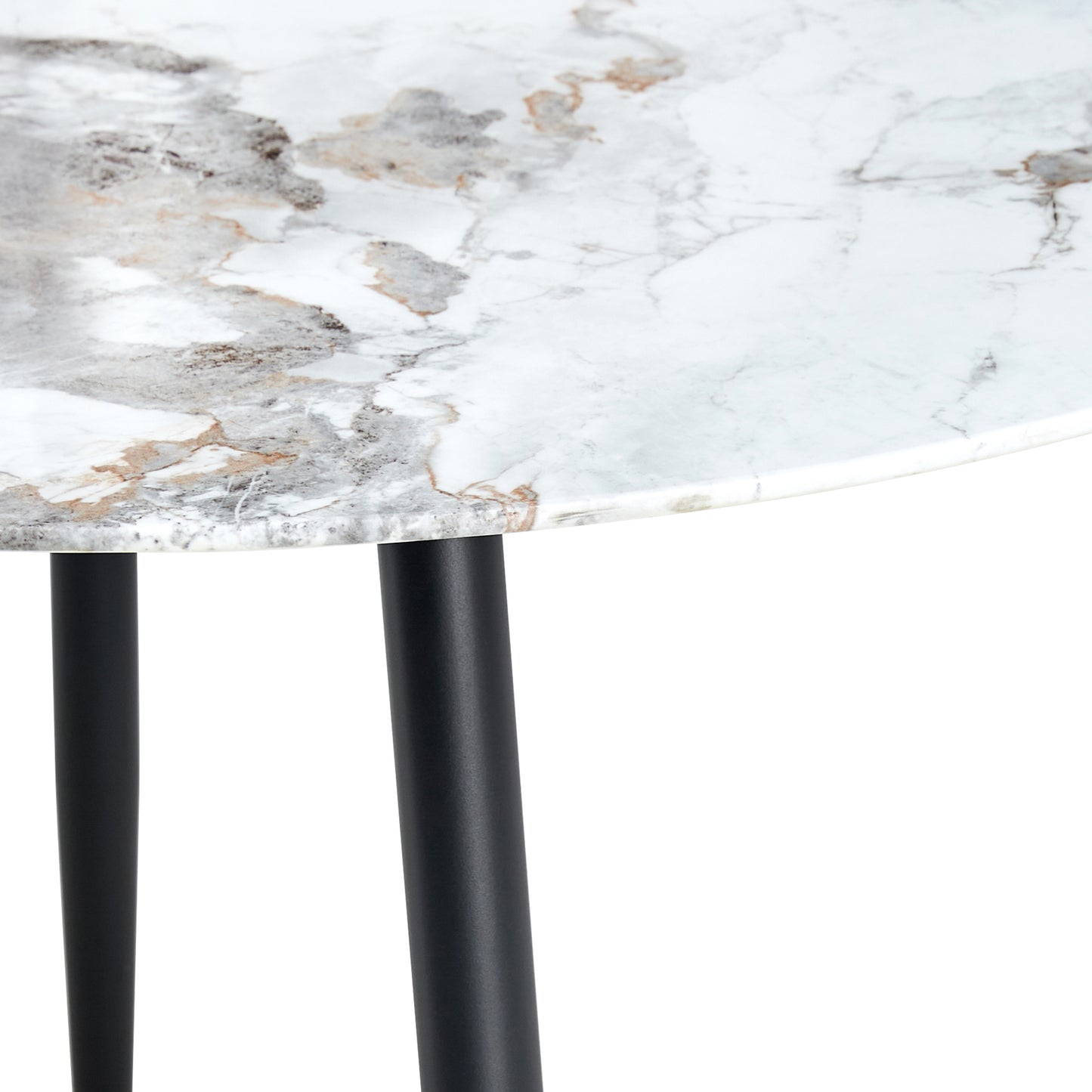 A modern minimalist circular dining table with a diameter of 40 inches, a 0.3 inch thick imitation marble pattern tabletop and black metal legs  40 '* 40' * 30 'DT-1164