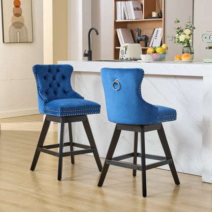 Swivel Velvet Barstools with Button Tufted Decoration and Wooden Legs, and Chrome Nailhead Trim, Leisure Style Bar Chairs,Bar stools, Set of 2 (Blue),SW1860BL