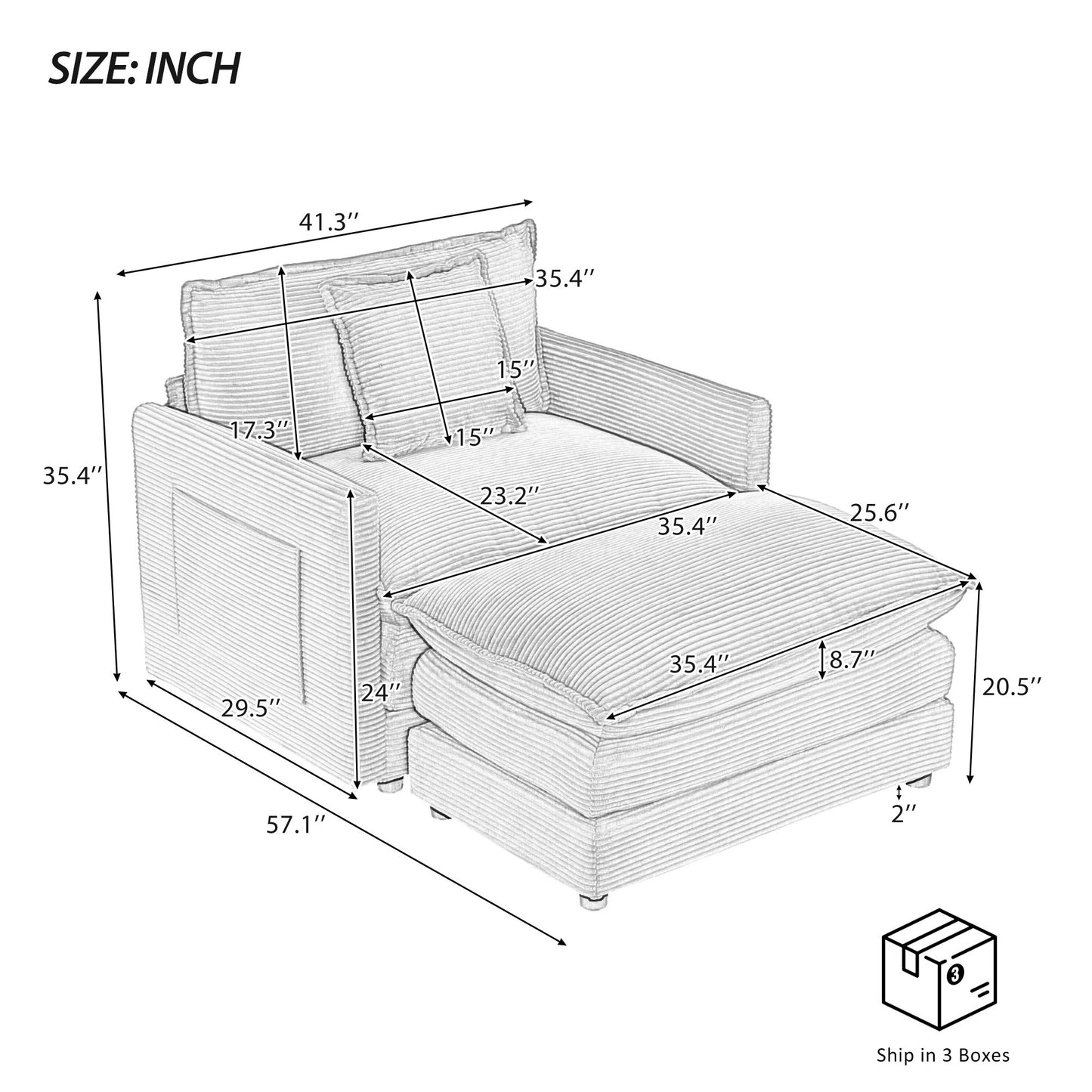 41.3" Modern Sofa Modular Sofa Couch Upholstered Corduroy L-Shape Sectional Sofa with Side Storage Pockets for Living Room, Dark Grey