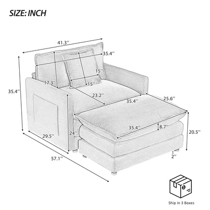 41.3" Modern Sofa Modular Sofa Couch Upholstered Corduroy L-Shape Sectional Sofa with Side Storage Pockets for Living Room, Dark Grey