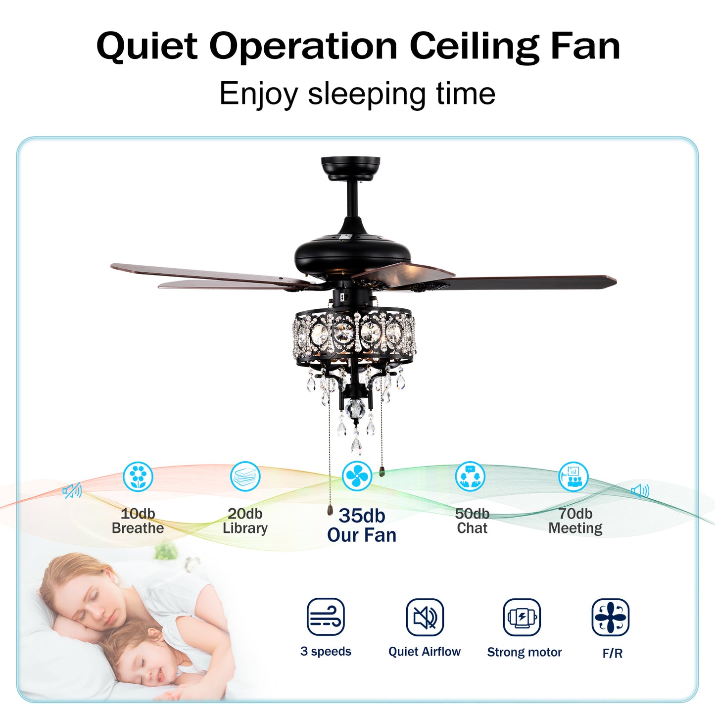 52'' Crystal Shade Ceiling Fan Lamp With Remote Control,3 Speed ,4 Timing , 5 Reversible Blades Crystal Ceiling Fan ,3PCS*E12  (NO Include Bulb) --  Hand Pull Chain