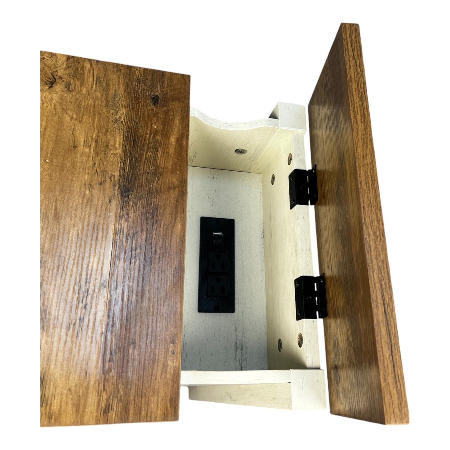 Farmhouse End Table with Charging Station,Night Stand with Barn Door and Drawer, Storage for Bedroom Living Room ,Bedside Table,  Bedside Table Brown+white color