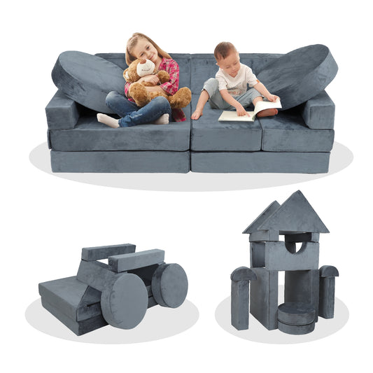 14pcs Kids Sofa Modular Play Couch,Child Sectional Sofa to Boost Creativity,Boys and Girls DIY Creativing Playroom Couch Furniture for Toddlers Conertible Foam and Floor Cushion,Gray