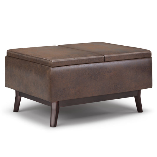 Owen - Tray Top Small Coffee Table Storage Ottoman - Distressed Chestnut Brown
