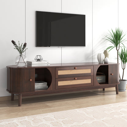 Rattan TV Stand for TVs up to 75'', Modern Farmhouse Media Console, Entertainment Center with Solid Wood Legs, TV Cabinet for Living Room,Home Theatre