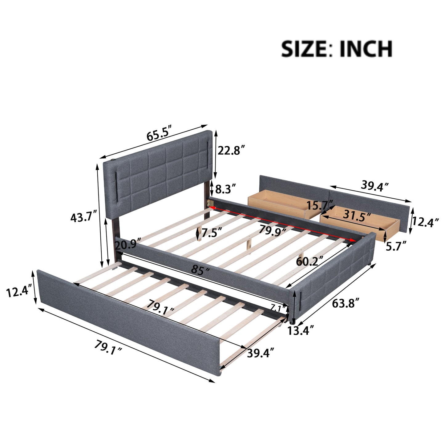 Queen Size Upholstered Platform Bed with Trundle and Drawers, Gray