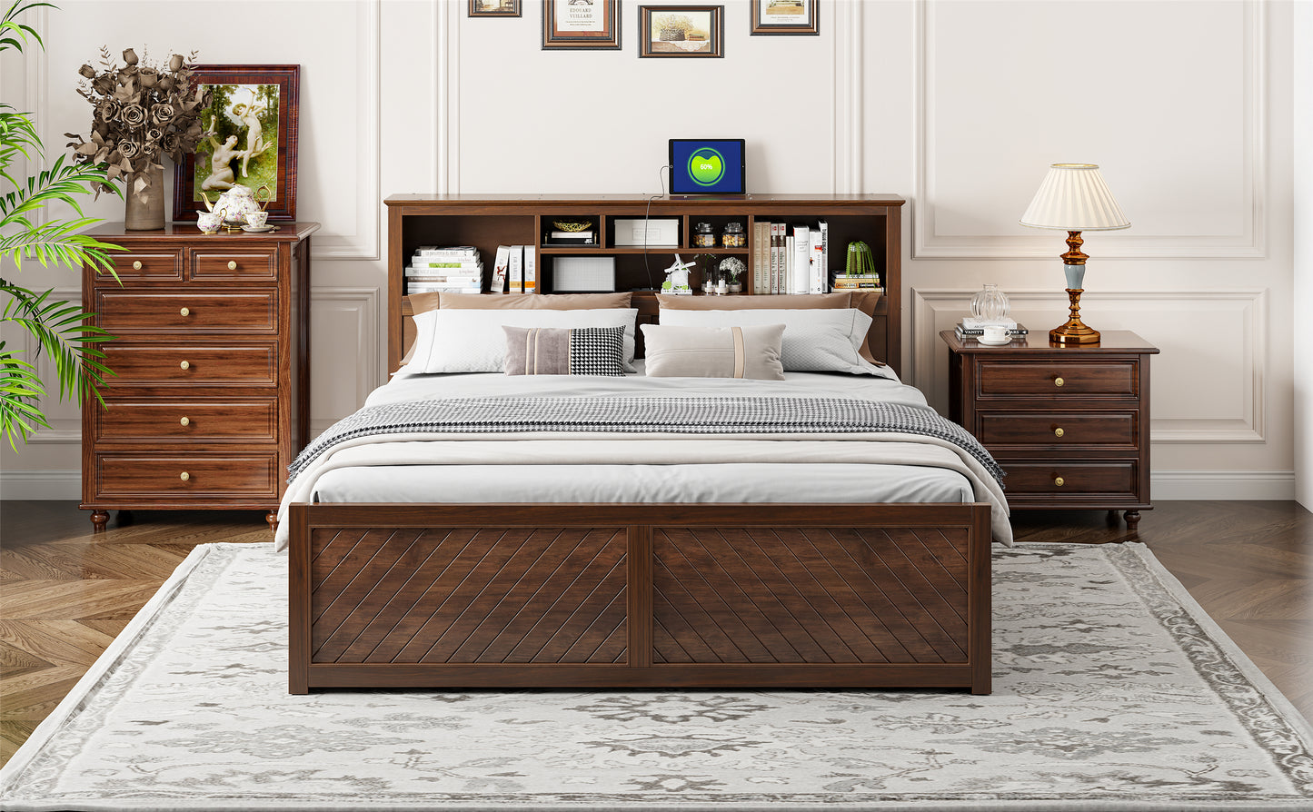 King Size Wood Platform Bed with Multi-storage Headboard, USB and Drawers, Antique Wood Color