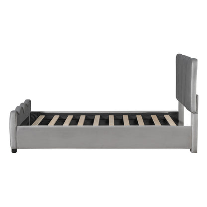 Twin Size Upholstered Platform Bed Velvet Upholstered Bed, Gray