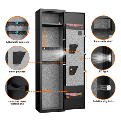 5-6 Gun Safe Home Rifle and Pistol Safe, Quick Access Long Gun Safe Shotgun Rifle Cabinet, Physical Button Panel Zinc Alloy Handle High Security Five Locking Bolts with Two Bullet Slots and Pistol Pou