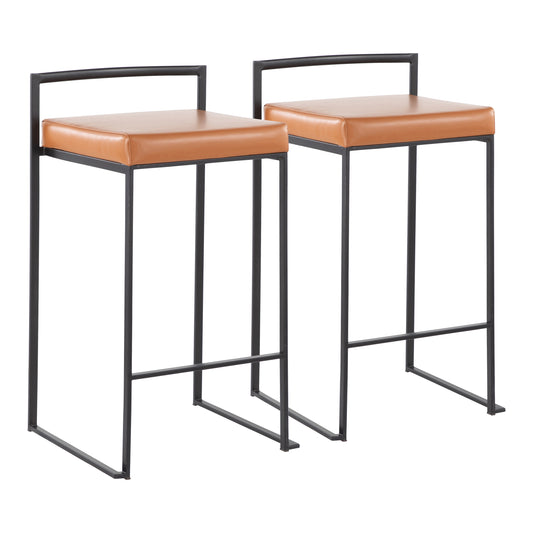 Fuji Contemporary Stackable Counter Stool in Black with Camel Faux Leather Cushion by LumiSource - Set of 2