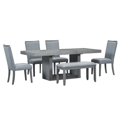 TOPMAX Contemporary 6-Piece 78inch Extendable Pedestal Dining Table Set with 18inch Removable Leaf and Dining Bench, 4 Upholstered Dining Chairs, Gray