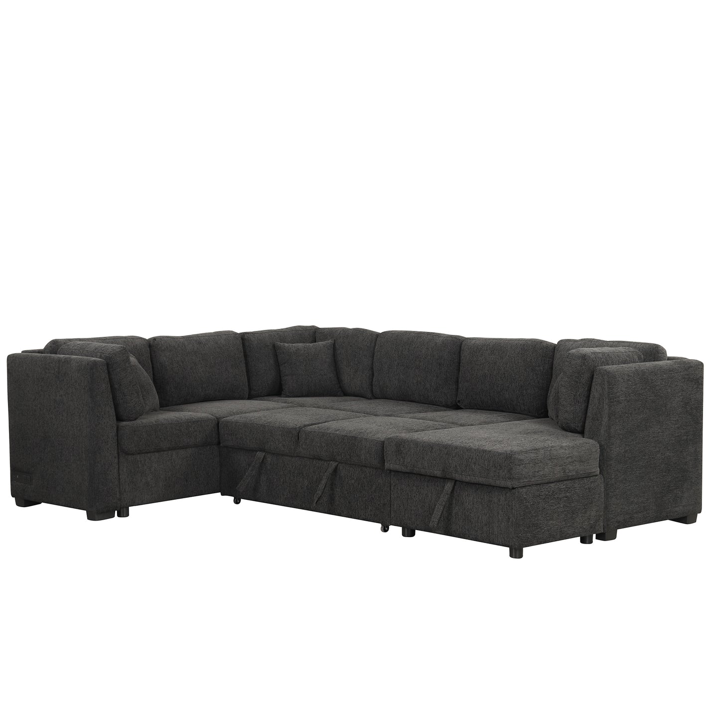 108.6" U-shaped Sectional Sofa Pull out Sofa Bed with Two USB Ports, Two Power Sockets, Three Back Pillows and a Storage Chaise for Living Room, Black