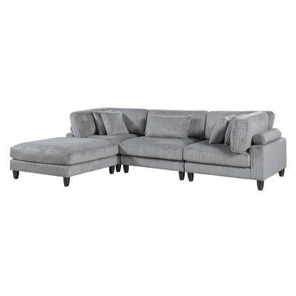 Living Room Furniture 4-Piece Modular Sectional Sofa Set Gray Corduroy Soft Cushion Pillows Solid Wood Legs