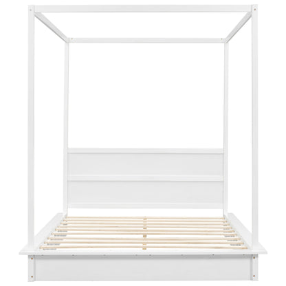 Queen Size Wood LED Canopy Bed ,Canopy Platform bed With Support Slats, No Box Spring Needed, White