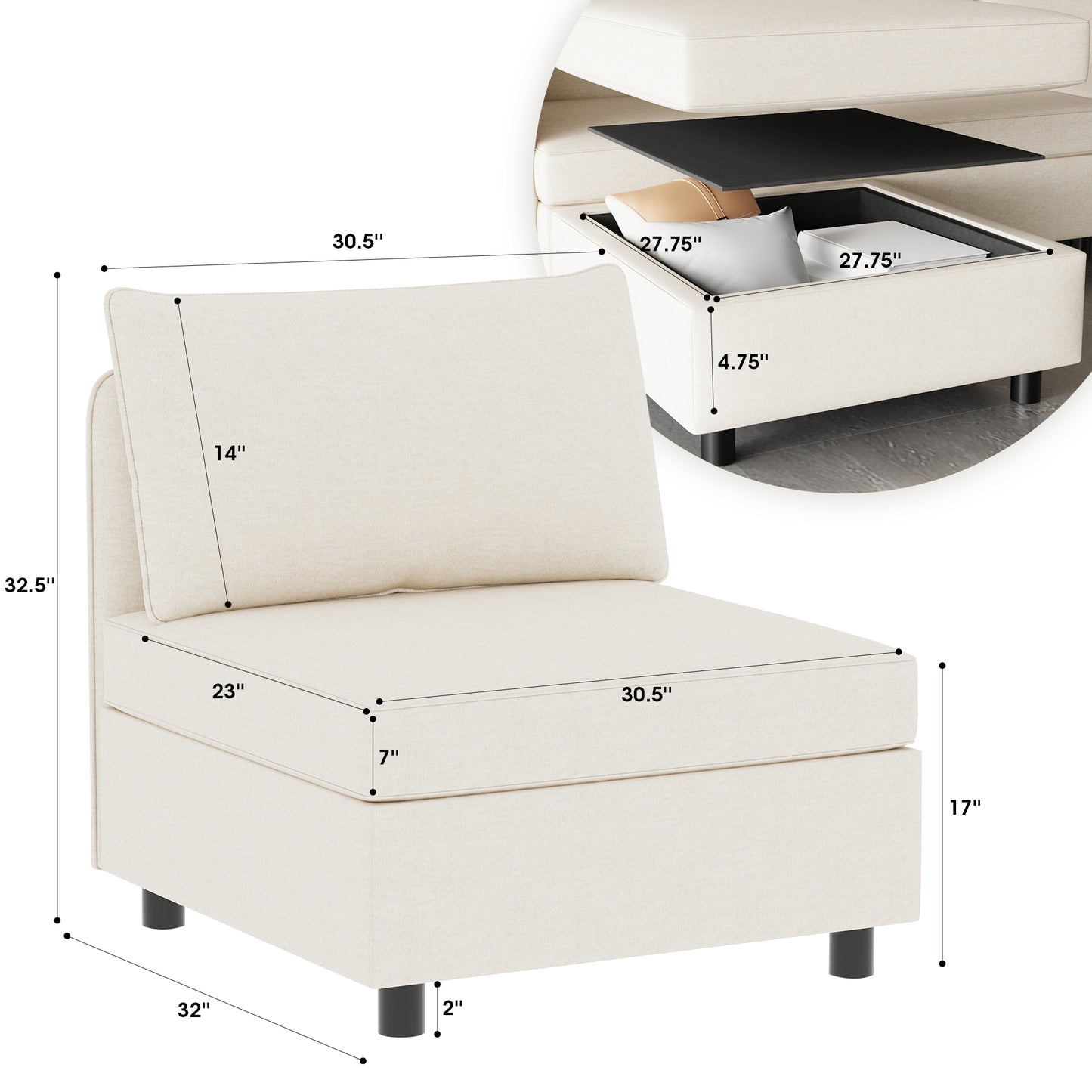 Armless Seat for Modular Sectional Sofa, Convertible Sofa Seat With Storage, Sleeper Sectional Sofa Set, Fabric Flexible Modular Combinations for Living Room(2PCS)