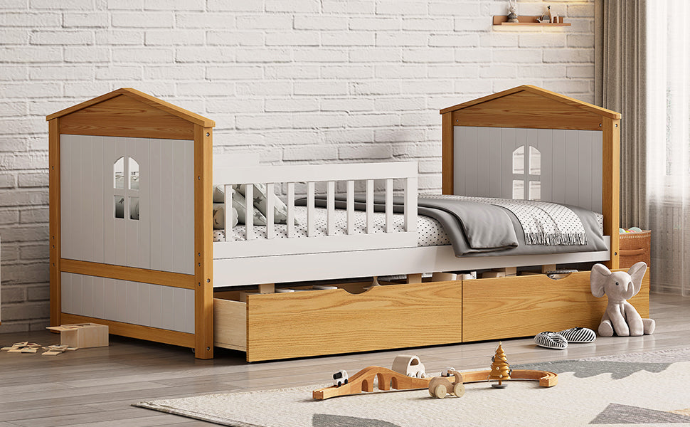 Twin Size House Shape Bed with Drawers and Safety Fence Guardrails Bed Toddler Bed for Girls Boys,No Box Spring Needed, Walnut and White