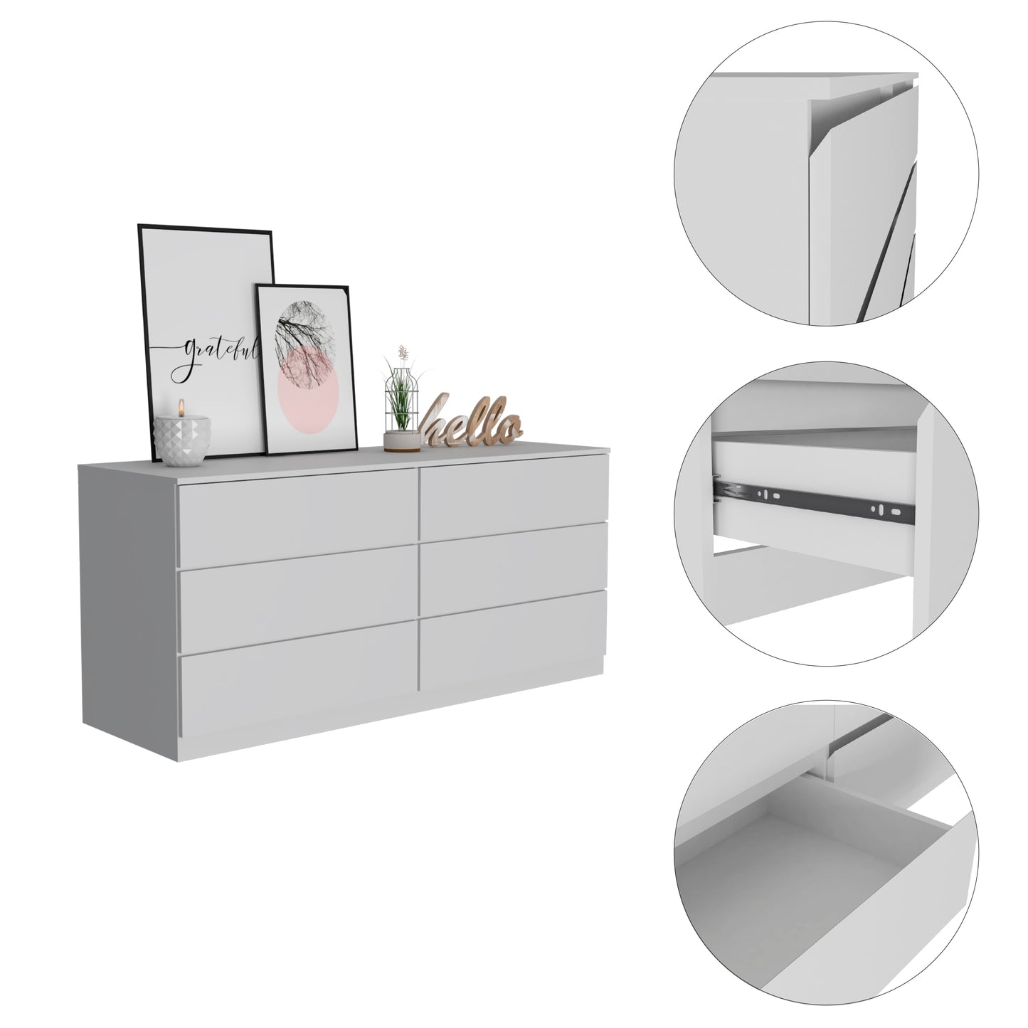 6 Drawer Double Dresser, Superior Top, White