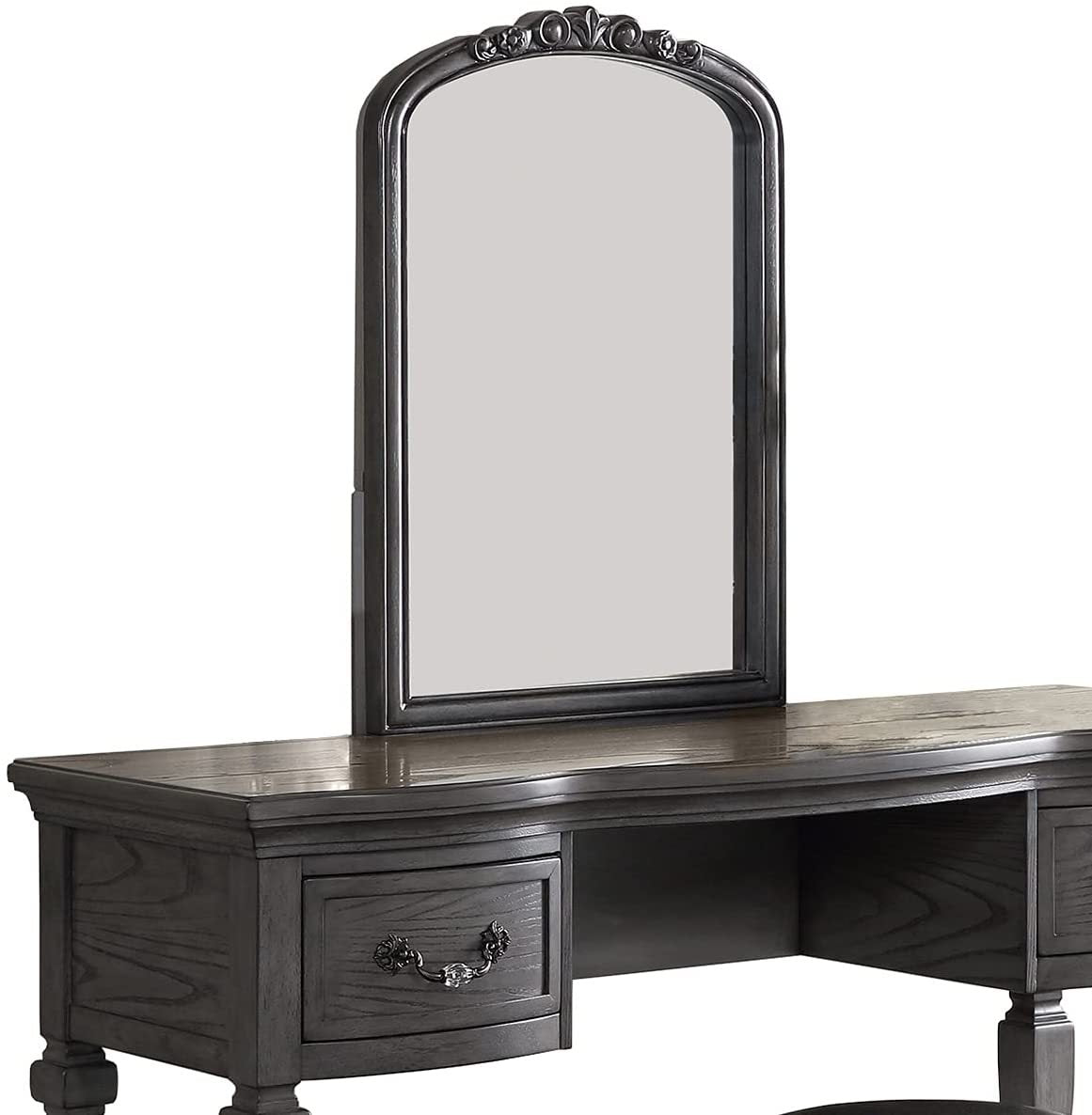 Bedroom Classic Vanity Set Wooden Carved Mirror Stool Drawers Antique Grey Finish