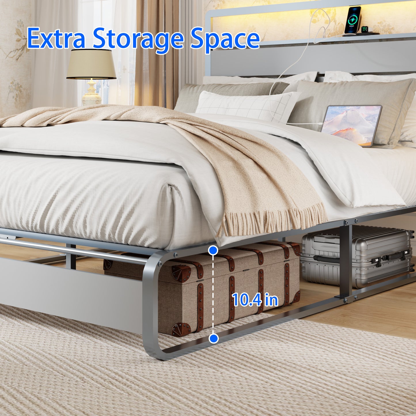 Queen Size Bed Frame with Headboard, Metal Platform Bed Frame with Charging Station, Heavy Duty Platform Bed Frame with LED, Easy Assembly, Silver