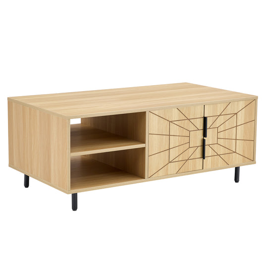 Spider Web Textured Modern MDF Coffee Table - Geometric Art and Practical Design in Natural Wood Tones, with dimensions of 43.3*23.6*17.8 inches.