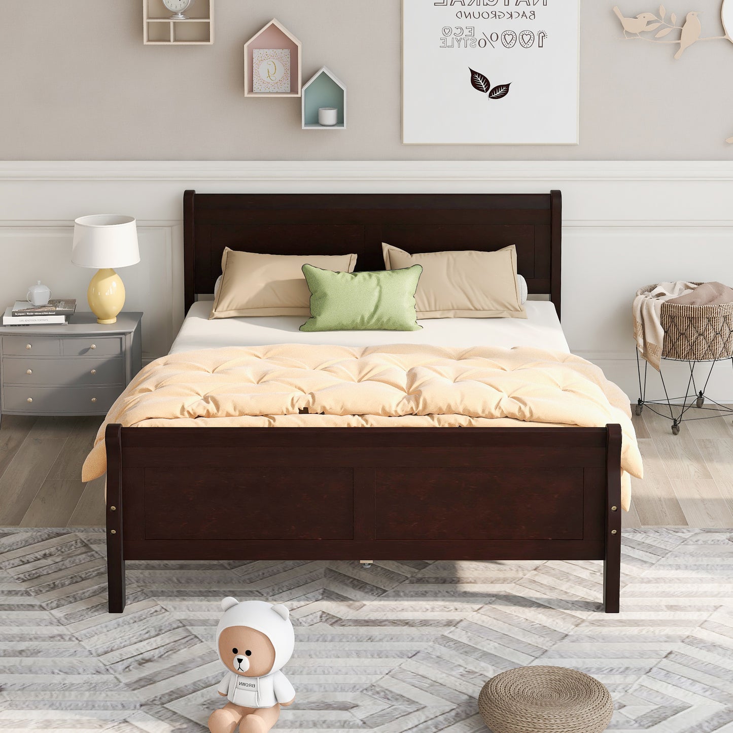 Queen Size Wood Platform Bed with Headboard and Wooden Slat Support (Espresso)