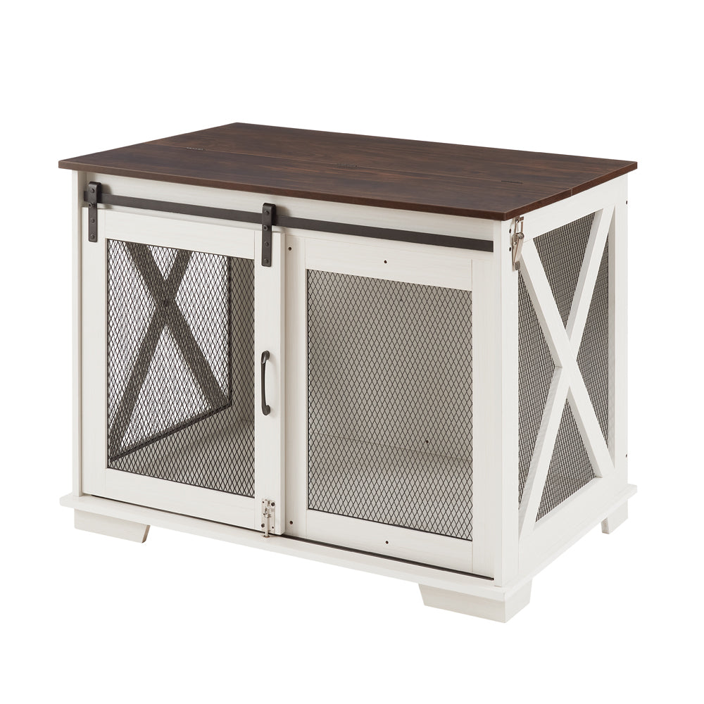 Farmhouse Dog Cage Crate Furniture with Sliding Barn Door,  Farmhouse Wooden Dog Kennel End Table with Flip-top Plate Dog House with Detachable Divider for Small/Medium/Large Dog White