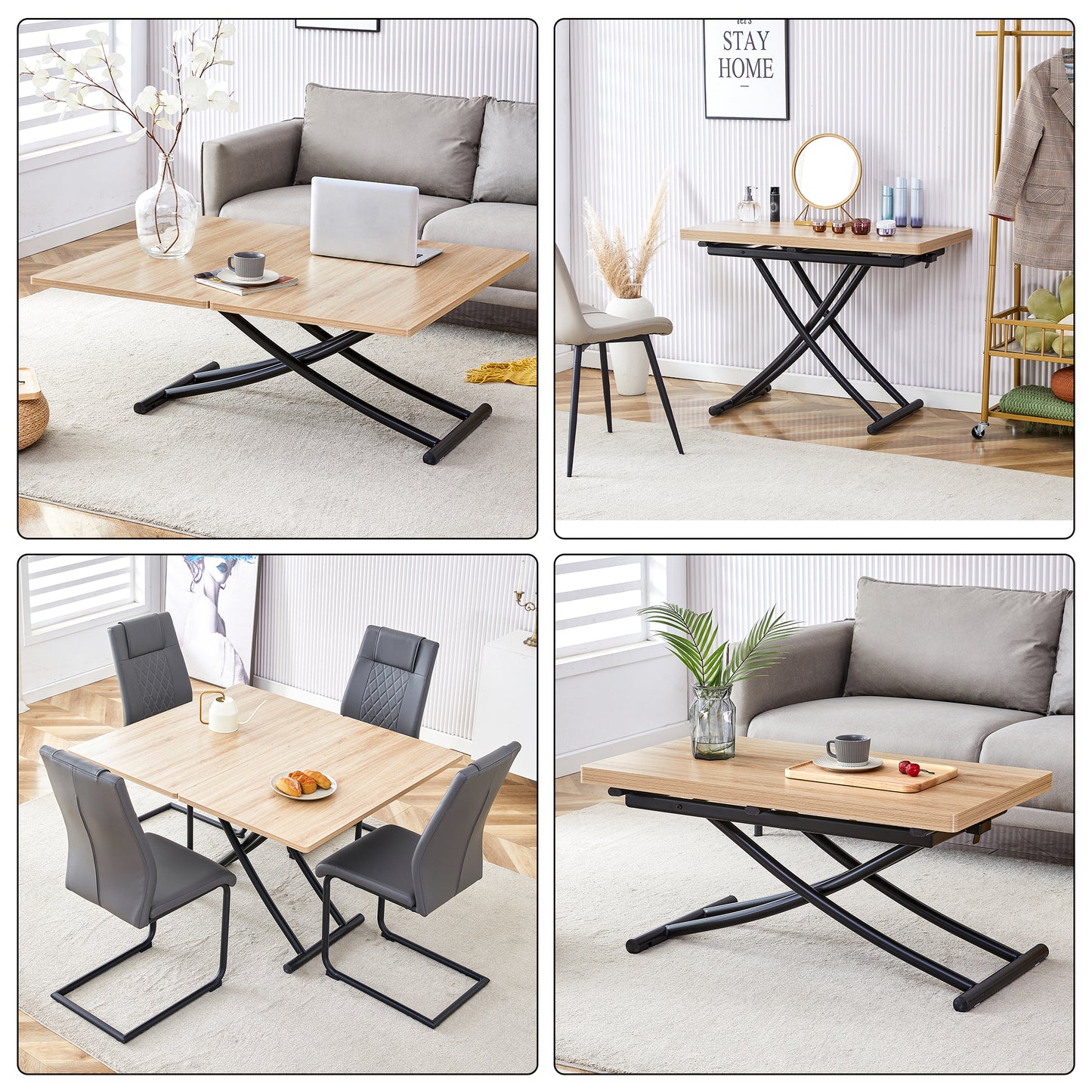 Modern minimalist multifunctional lift table with 0.8-inch MFC tabletop and black metal legs, can be used as dressing table, coffee table, dining table, and office desk.  LT-10055