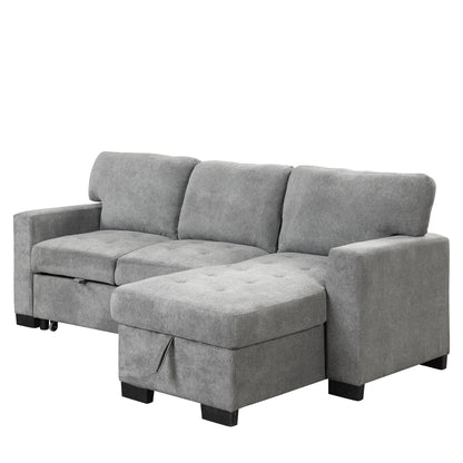 Stylish and Functional Light Chaise Lounge Sectional with Storage Rack Pull-out Bed Drop Down Table  and USB Charger Gray