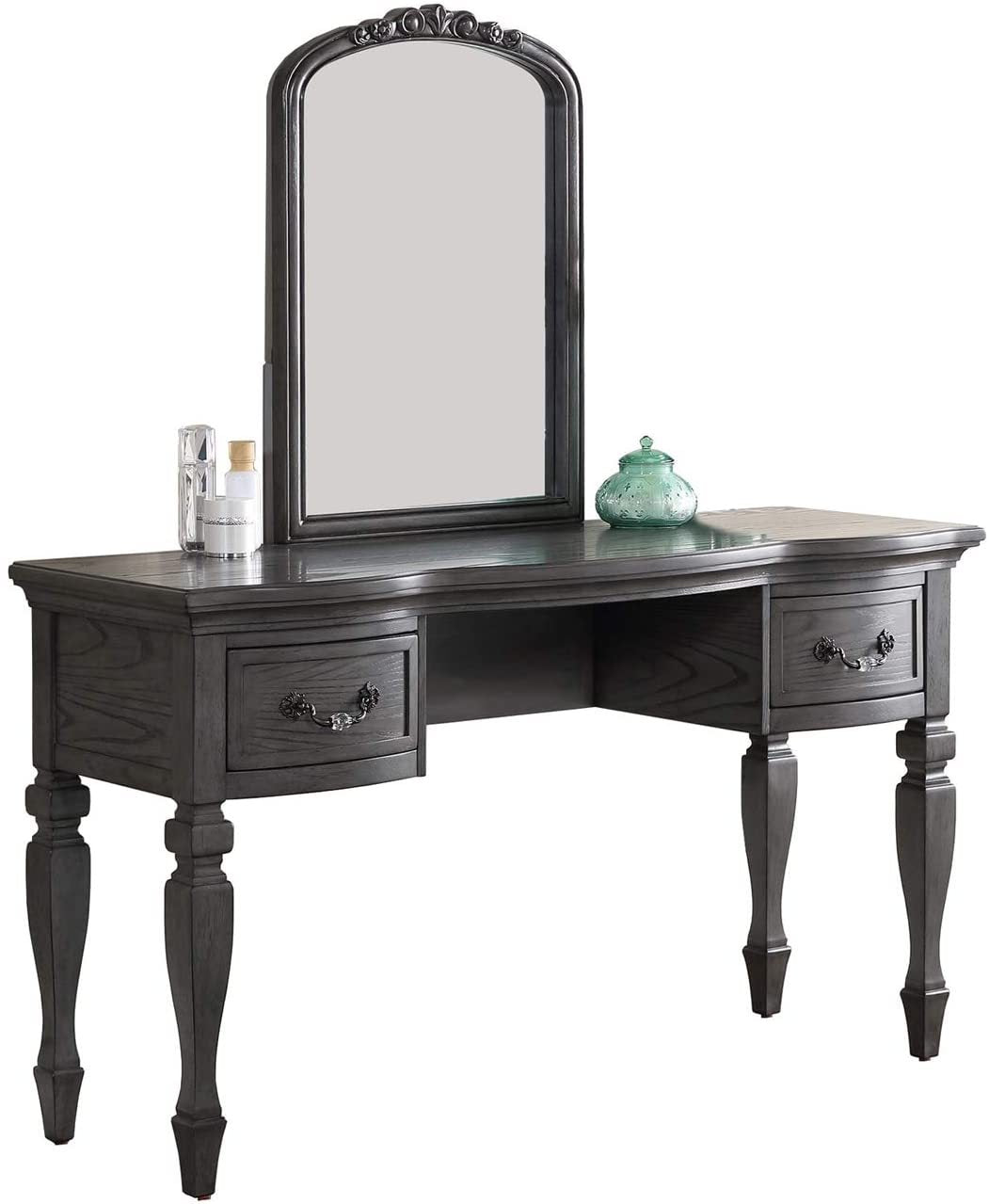 Bedroom Classic Vanity Set Wooden Carved Mirror Stool Drawers Antique Grey Finish