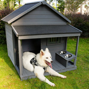 Large dog house, long 44.2" x wide 44.6" x high 44.6" Solid wood asphalt roof dog house with large terrace for large dogs, weatherproof large dog house (improved),Small wooden doors that can be locked