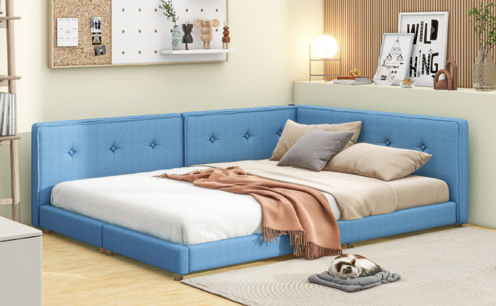 Upholstered Full Size platform bed with USB Ports, Blue