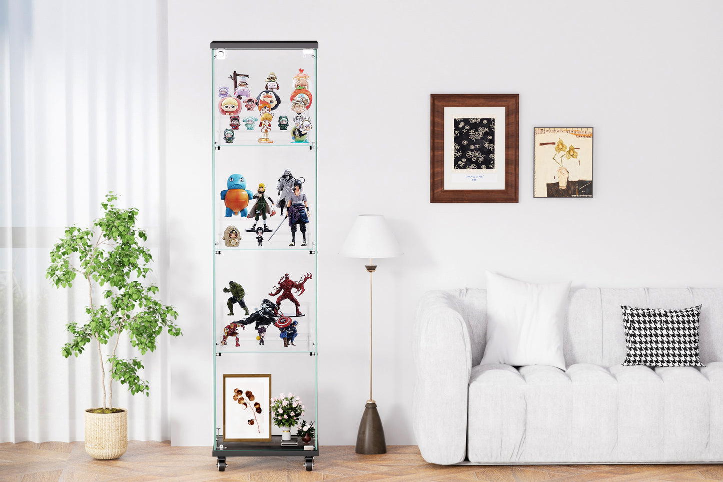 4 Tier Glass Display Cabinet, Single Door Glass Cabinet with Lock and Wheels, Floor Standing Storage Cabinet with 3 Acrylic Shelves for Living Room, Bedroom and Office, Black, 15.8"L x 14.2"W x 65.1"H