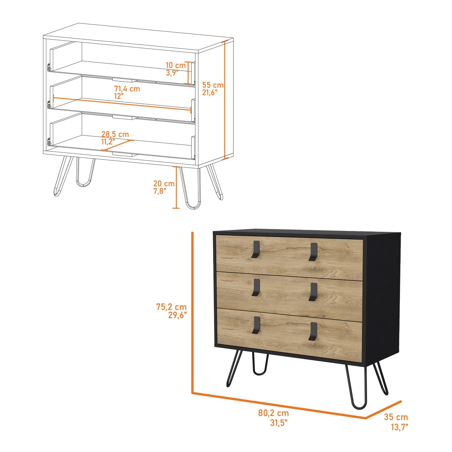 Kimball Hairpin Legs Dresser with 3-Drawers and Modern Design