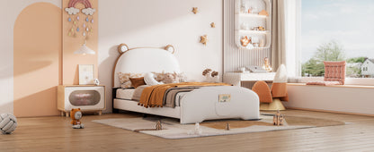 Twin Size Upholstered Platform Bed with Bear-shaped Headboard and Footboard,White+Brown