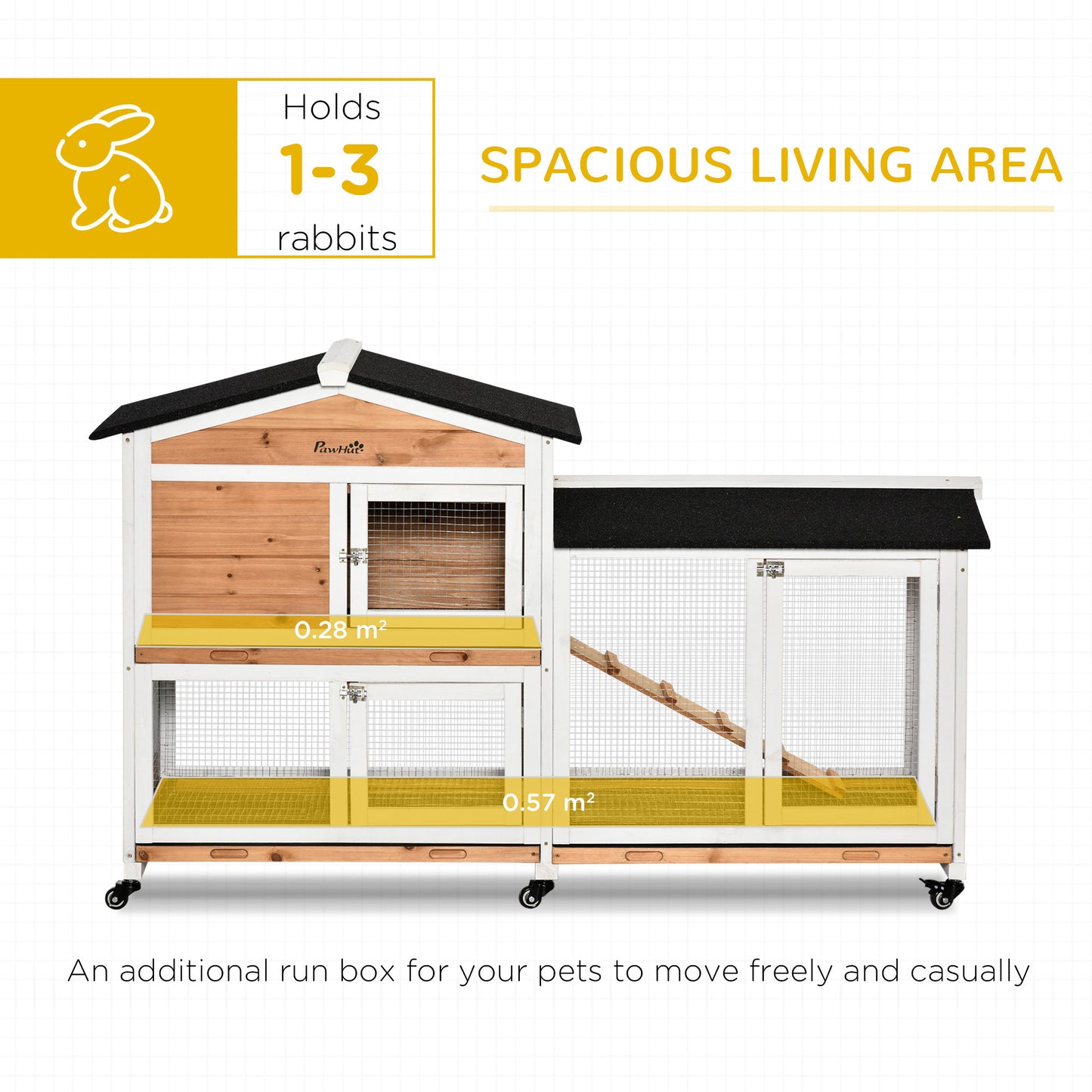 PawHut 62" Rabbit Hutch, Wooden Bunny Hutch, Guinea Pig Cage, Small Animal Enclosure with Wheels, Run Area, Removable Tray, Asphalt Roof, Lockable Doors and Ramp, Nature Wood