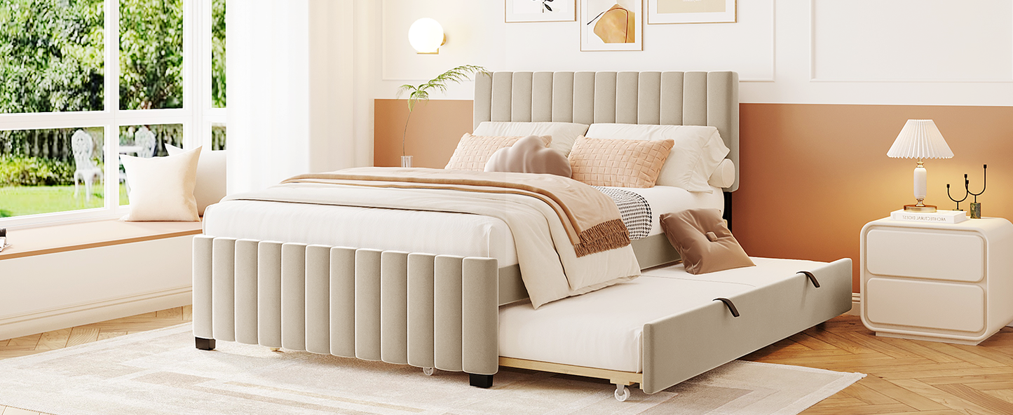 Full Size Velvet Upholstered Platform Bed with Twin Size Trundle, Beige