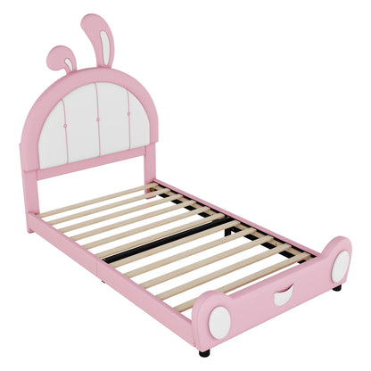 Twin Size Upholstered Platform Bed with Rabbit Shaped Headboard, Pink