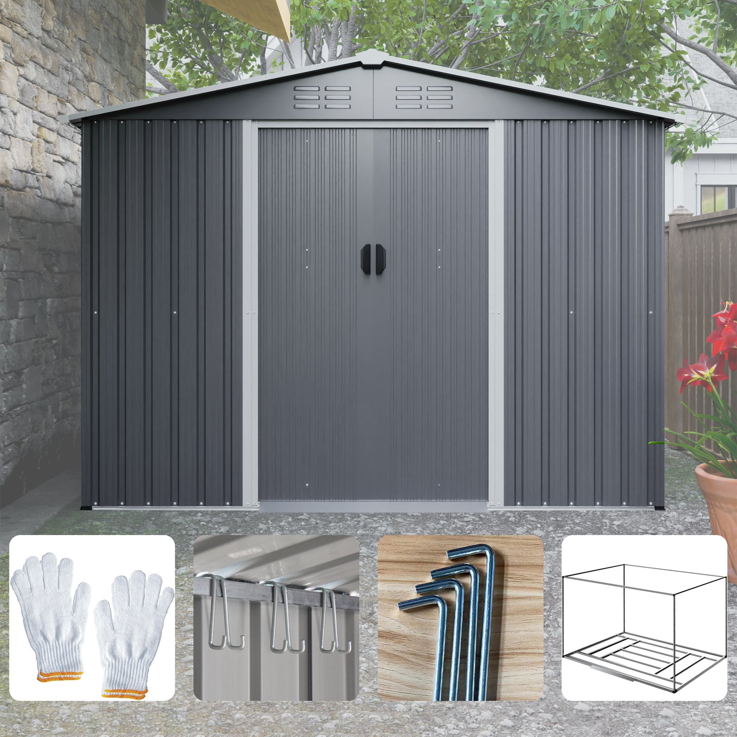 8x6 FT Outdoor Tool Storage Shed with Metal Foundation & Lockable Doors,  All Weather Metal Sheds for Garden, Patio, Backyard, Lawn, Gray