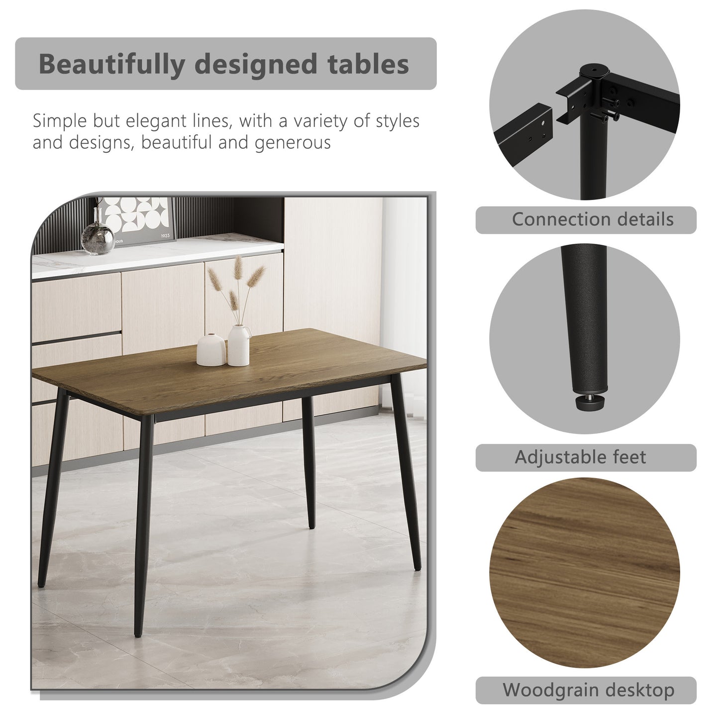 Modern minimalist wood grain tabletop dining table, stylish dining table, kitchen dining table, sturdy and durable, easy to assemble, black metal leg design, suitable for 4-6 people, suitable for home