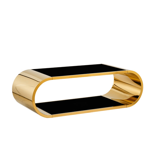 57' Gold Stainless with Glass Coffee Table, Modern Coffee Table for Living Room, 2-Tier Glass Top with Large Space Fashion Design