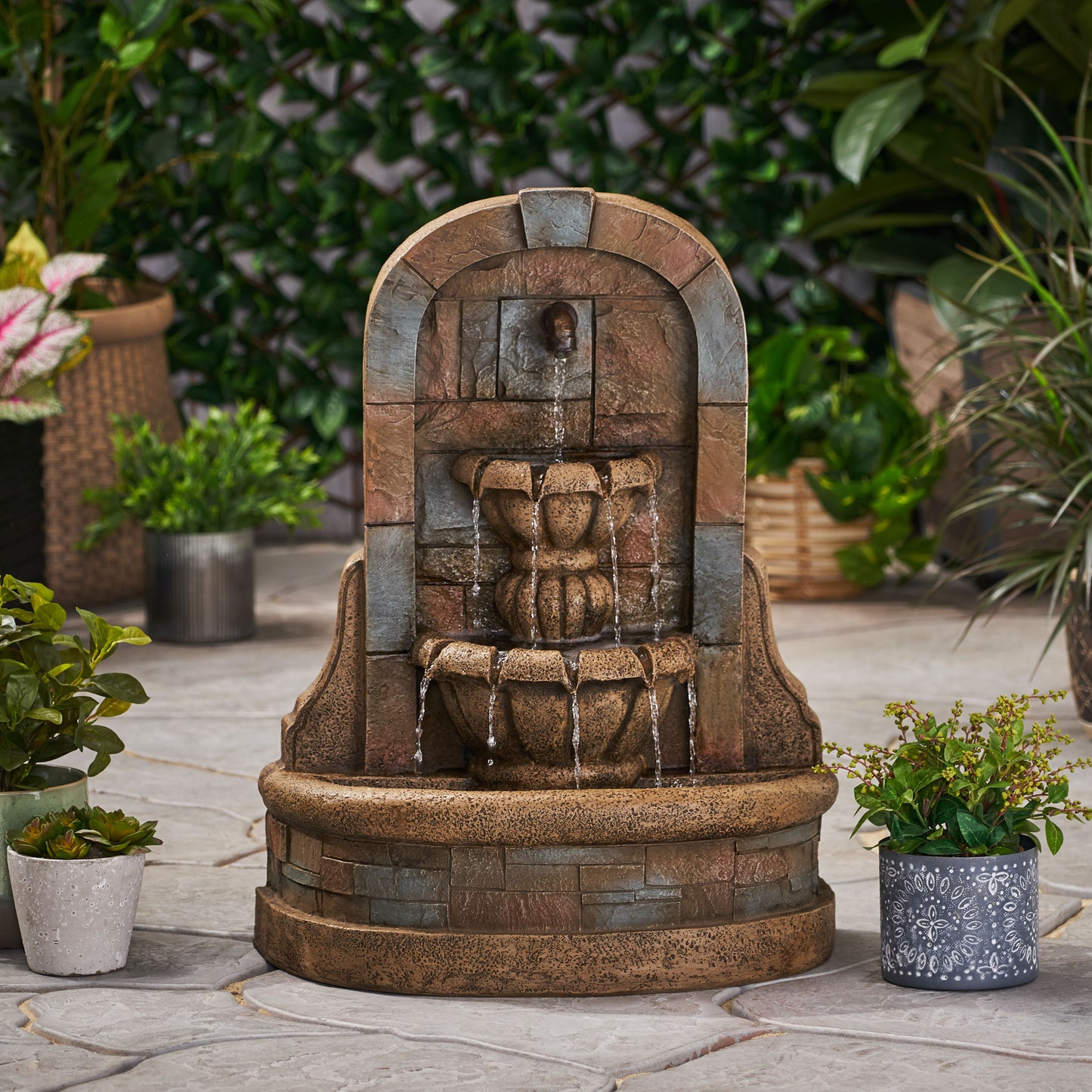 29' High BAGWELL FOUNTAIN Outdoor Weather Resistant Floor Fountain,Stone Gray