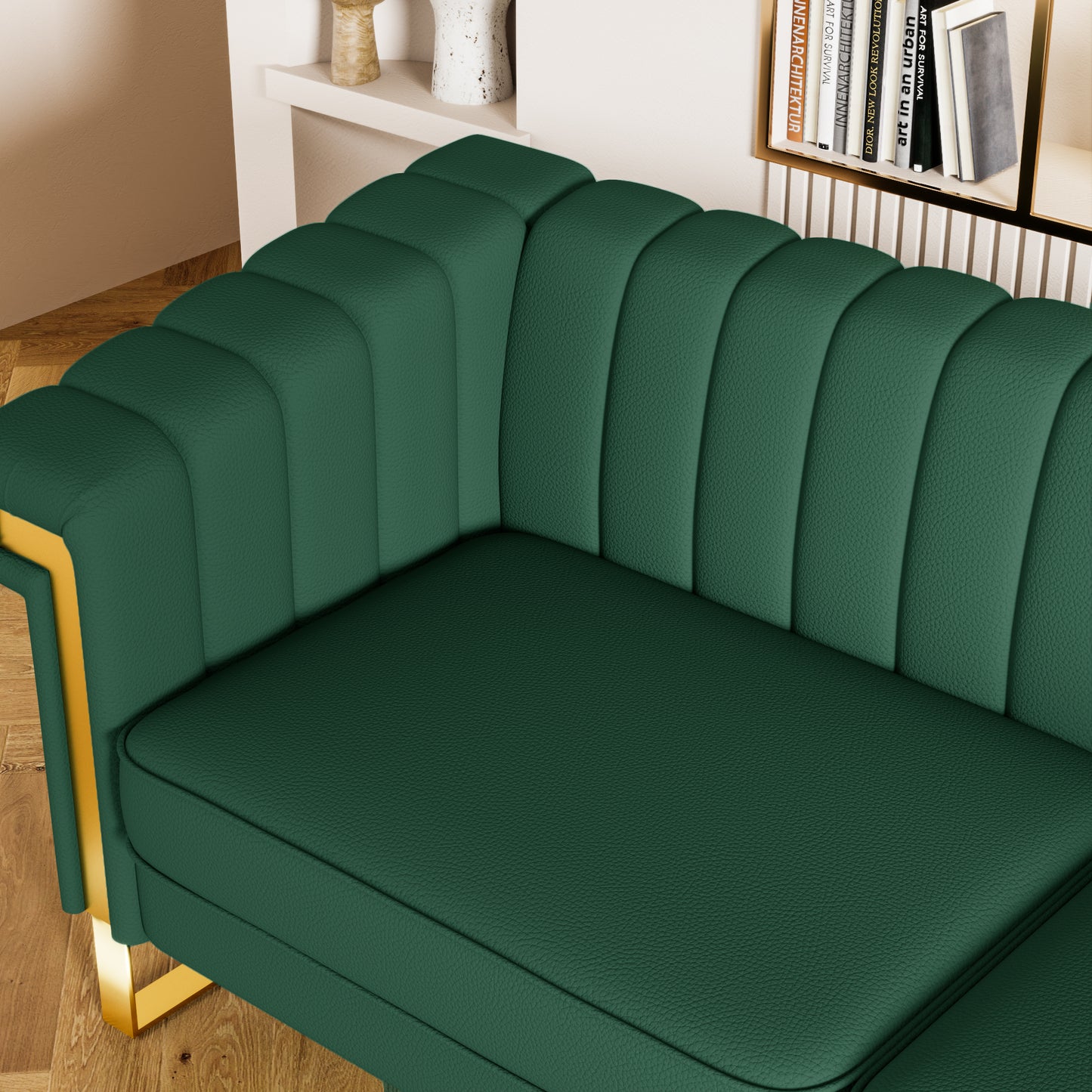 FX-P81PU-GR SOFA  Modern Green PU  Sofa with Gold Accents - Sleek Channel-Tufted Upholstery, 3-Seat Couch for Living Room and Office Decor(TEMU Suitable)