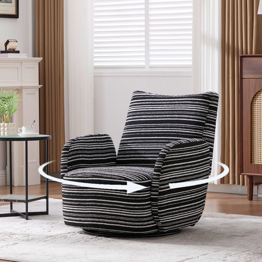 Modern Style 360° Swivel Leisure Chair Fabric Striped Armrest Swivel Chair with sand-rimmed fabric and metal bracket, suitable for living room, balcony and bedroom