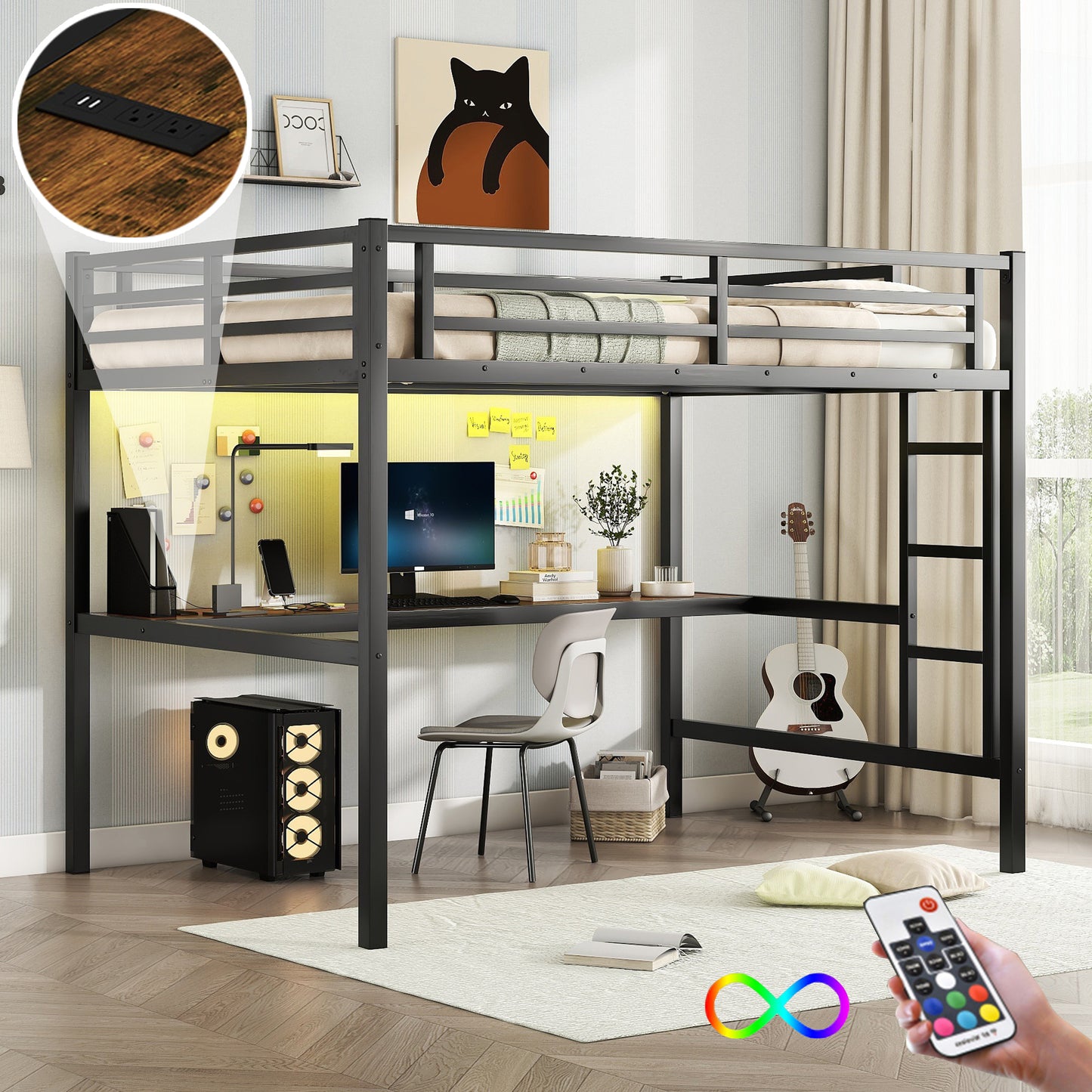 Metal Full Size Loft Bed  with Power Outlet and LED Lighted, Space-Saving, Noise Reduced, Black